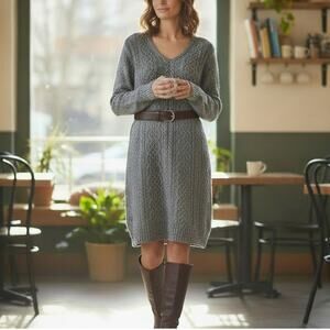 Max Studio Sweater Dress Cable Knit Gray Heathered Long Sleeve V-Neck Grey S